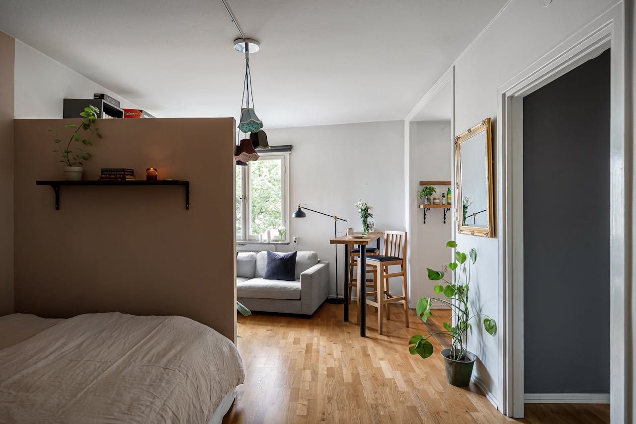 A cozy modern interior featuring a comfortable seating area, plants, and stylish accessories.